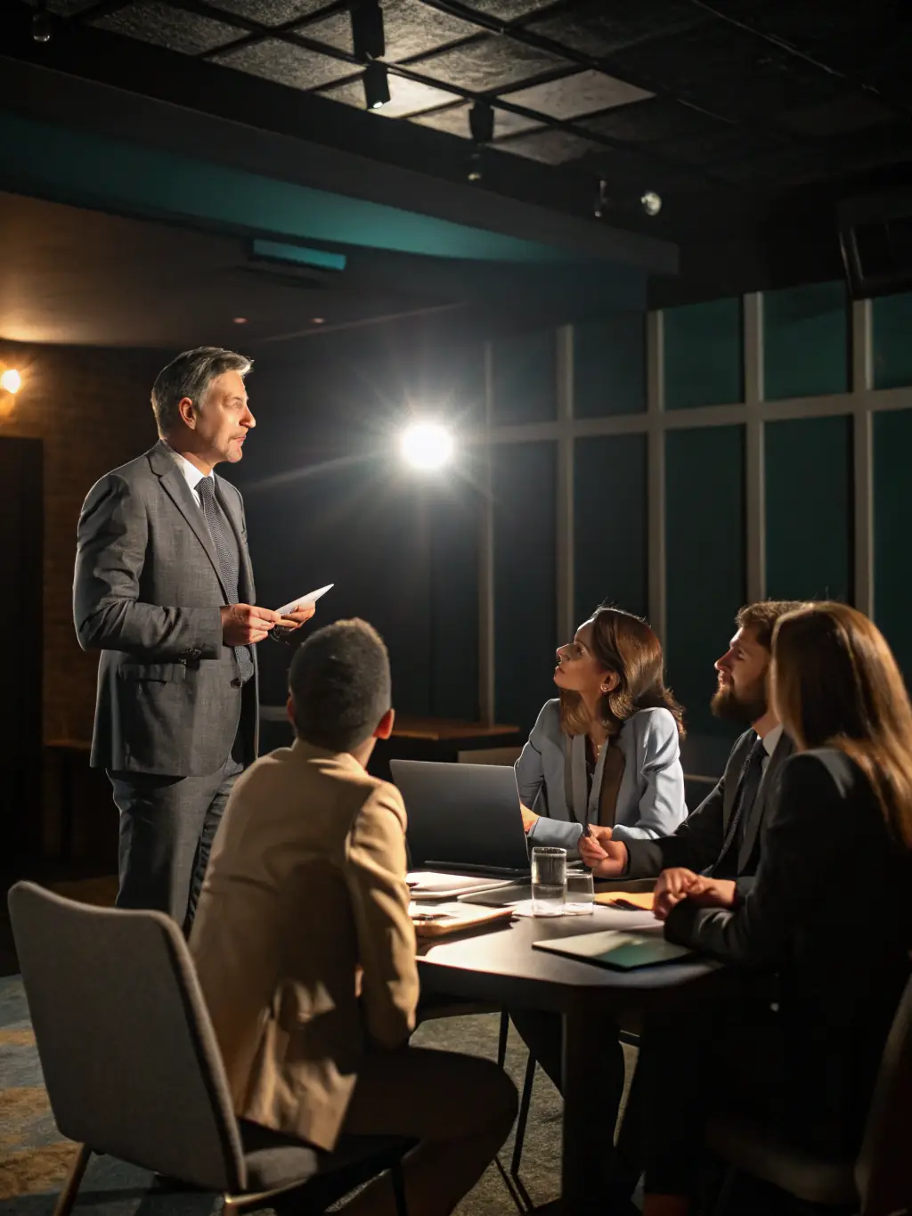 A high-level executive leading a team meeting, symbolizing the strategic nature of executive search.