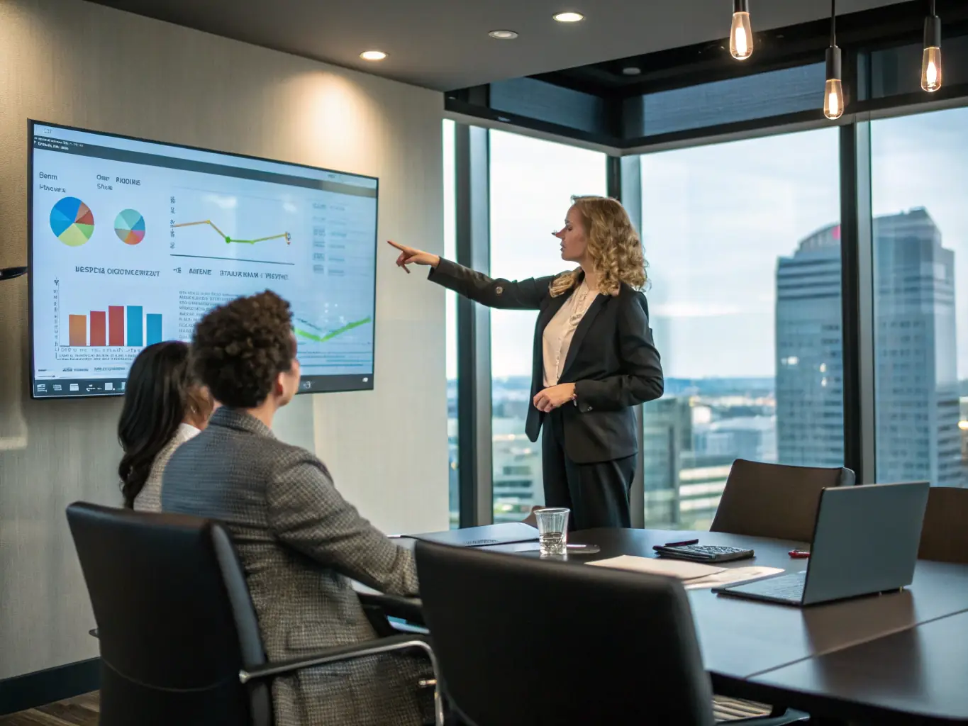 An executive is leading a board meeting in a high-rise office building. The executive is presenting data and engaging with the board members, highlighting the importance of executive leadership.